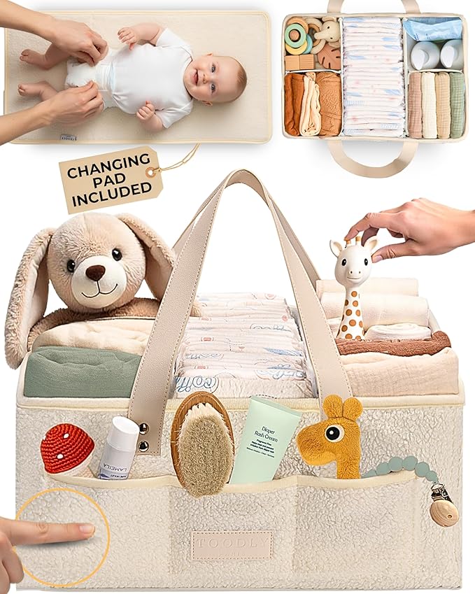 Baby Diaper Caddy Organizer with Portable Changing Mat - Teddy Fleece Diaper Organizer for Changing Table - Basket for Changing Essentials - Baby Essentials Organizer with Removable Dividers