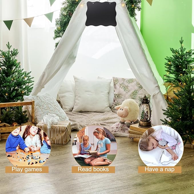 6 Pcs Kids Teepee Tent Bulk with Light String Inflatable Airbed Bedding Fitted Sheet and Markeable Small Blackboards for Boys Girls Indoor Outdoor Slumber Party (White)