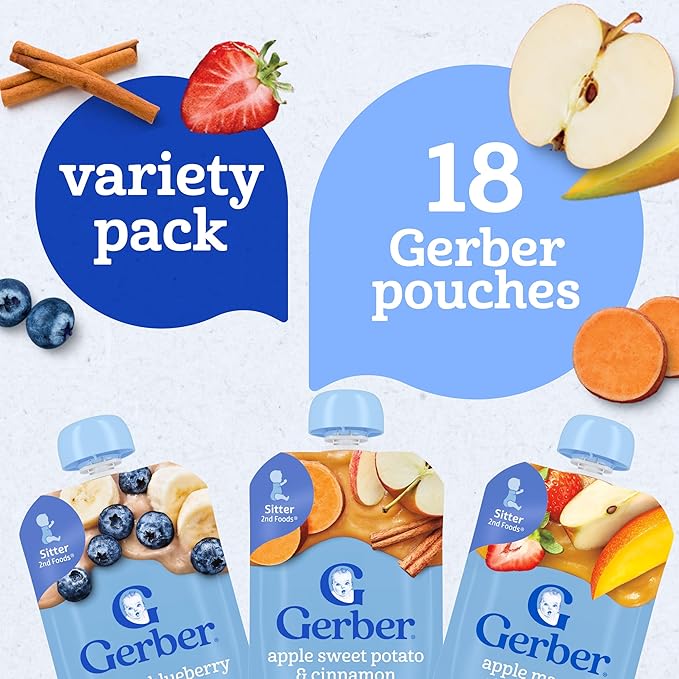 Gerber Stage 2 Baby Food, Apple Sweet Potato Cinnamon, Apple Mango Strawberry, and Banana Blueberry Puree Pouches, 18-Pack