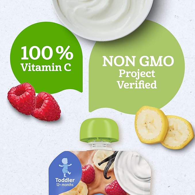 Gerber Toddler Food, Organic Banana Raspberry Yogurt with Vanilla Puree Pouch, Toddler Pouches, No Added Sweetener, No Artificial Colors or Flavors, 12-Pack