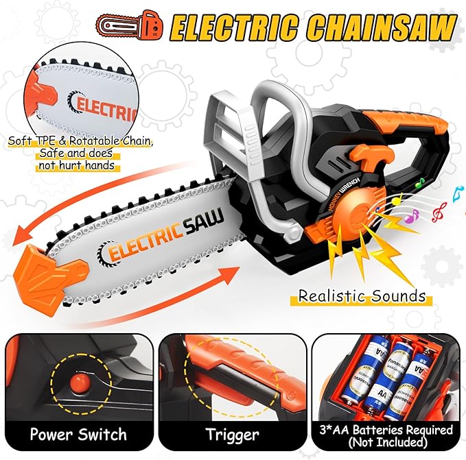 Kids Tool Set Toys, 48 Pcs Toddler Tool Set with Portable Tool Box, Electronic Toy Drill & Electric Chainsaw, Construction Tools Gifts for Boys Aged 3 4 5 6 7, Christmas Birthday Gifts for Toddlers