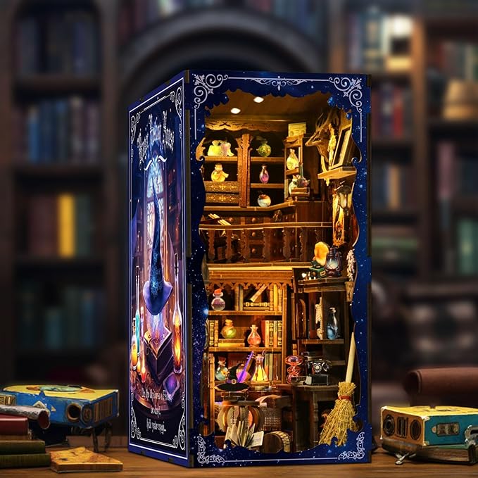 Book Nook Kit, DIY Miniature House Kit, Mini House Building Kit, Miniature Dollhouse Kit for Adults and Teens, 3D Wooden Puzzles with LED Light, Bookshelf Craft Kit (Magic Potion House)