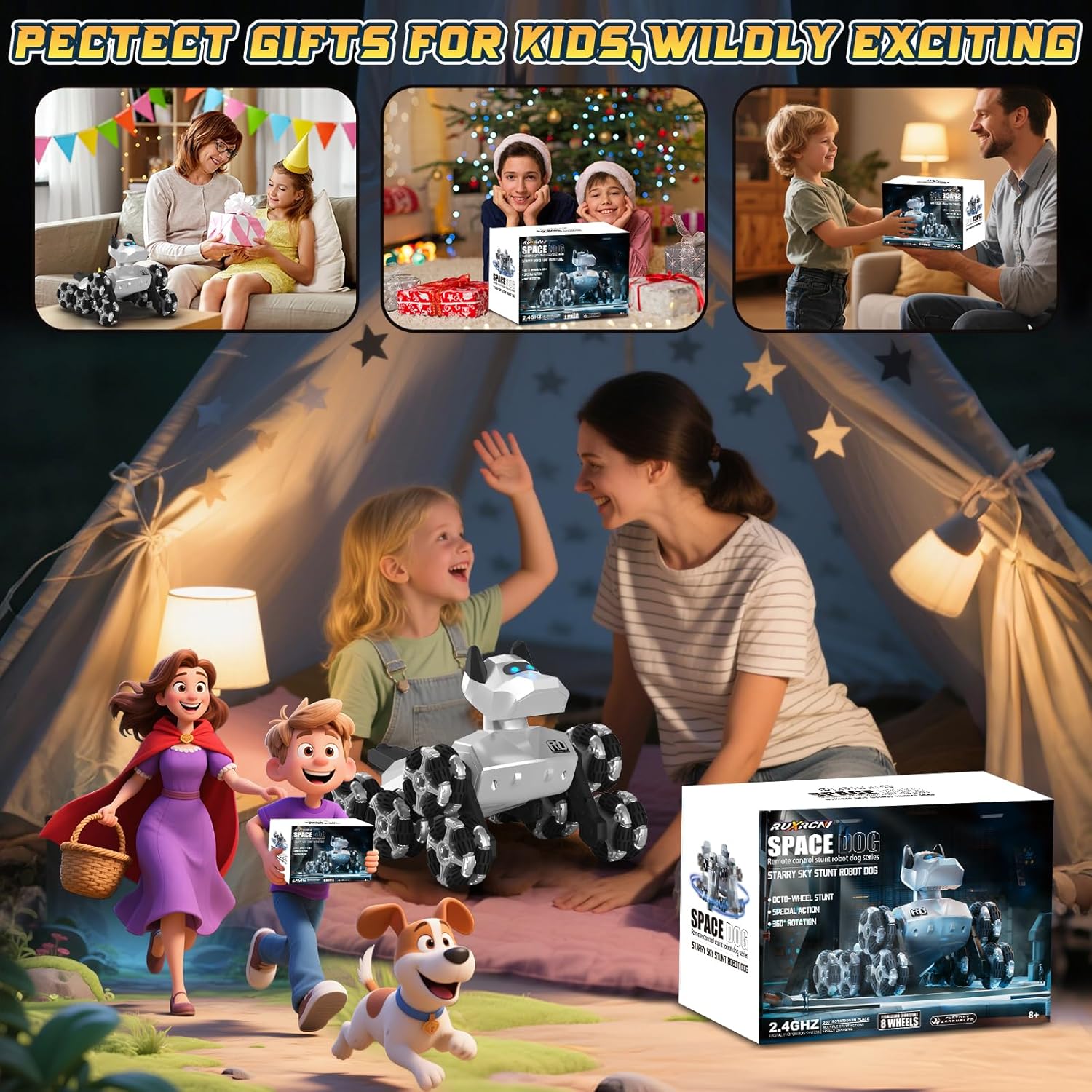 Remote Control Robot Dog Toy 2.4GHz 8WD All-Terrain Gesture Sensing Stunt RC Cars RTR Climbing Robot Dogs with Music Light Eyes 2 Rechargeable Batteries for 8-12 Boys Girl Kids