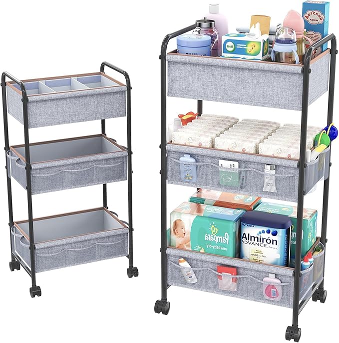3-Tier Baby Diaper Caddy Cart Organizer with 2 Dividers & 14 Mesh Pockets - Black Mobile Nursery Storage Cart with Wheels, Durable Metal Utility Cart for Nursery, Bedroom, Baby Essentials Organization