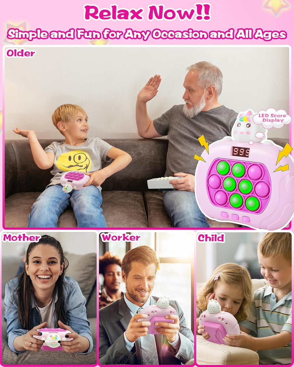 Upgraded Fast Push Game Popping Fidget Toys for Kids, Funny Toys with LED Screen for Kids 3-12, Birthday Gifts for Girls and Boys Bubble Stress,Handheld Puzzle Game Sensory Toys (Unicorn)