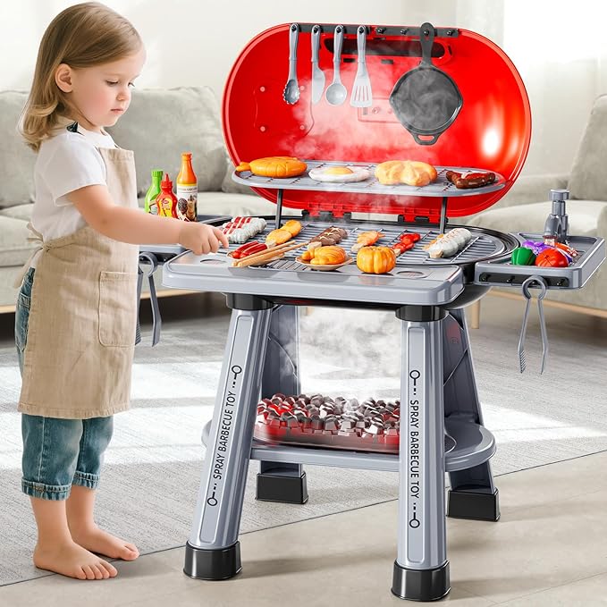 Kids Kitchen Toy Set, Kids BBQ Grill Kitchen Playset with Smoke, Sound & Light, 2-Layer Barbecue Indoor Outdoor Play Grill Toy Gift for Toddler Girl Boy Toy 3 4 5 6 7 8 Year Old