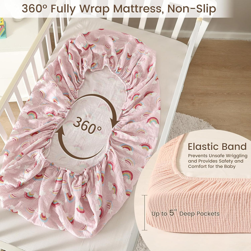 david's kids Muslin Mini Crib Sheets, 2 Pack Cotton Pack N Play Sheets for Boys Girls Neutral, Soft Breathable Baby Sheets Fit Pack N Play, Playard and Mini Crib Mattresses, Rainbow