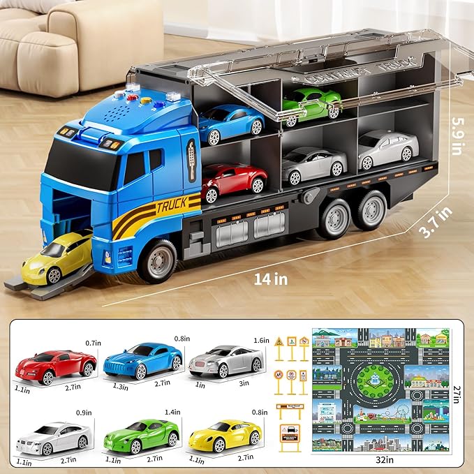 Toddler Boys Toys for 3 4 5 6 Years Old, Truck Vehicle Set with Play Mat and Die-Cast Toy Car, Transport Carrier Truck for Kids, Birthday Gifts Toys for 3 4 5 6 7 8+ Year Old Boys