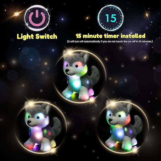 Hopearl LED Plush Husky Lighting Up Stuffed Animal Dog Floppy Puppy Night Lights Glow in The Dark Birthday Festival for Kids Toddlers Boys Girls, Gray, 12''