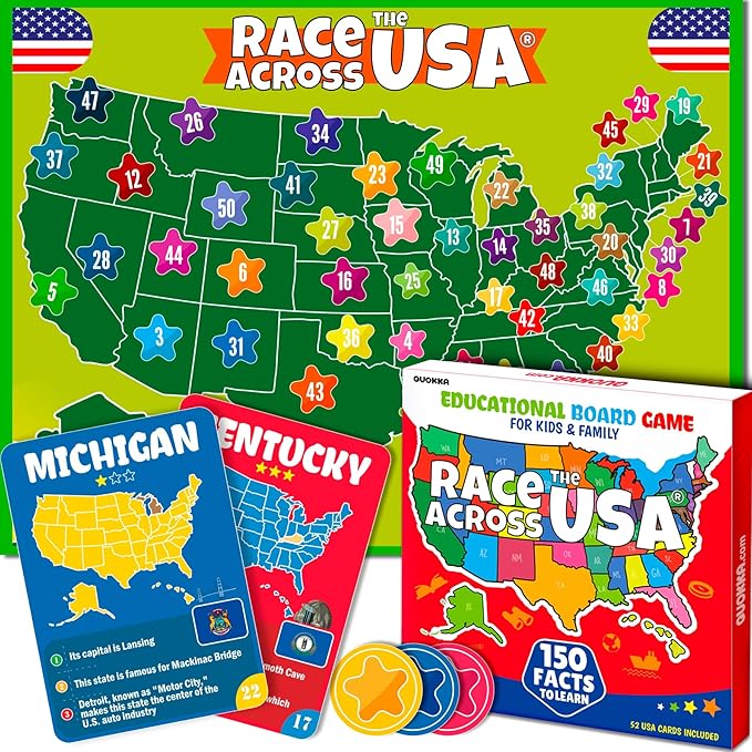 QUOKKA States of America Board Game for Kids Ages 8-12 and Families – Learn US States, Capitals, Landmarks & Fun Facts – Trivia Game with 50 Cards & Map Board – Educational Game for Classrooms or Home