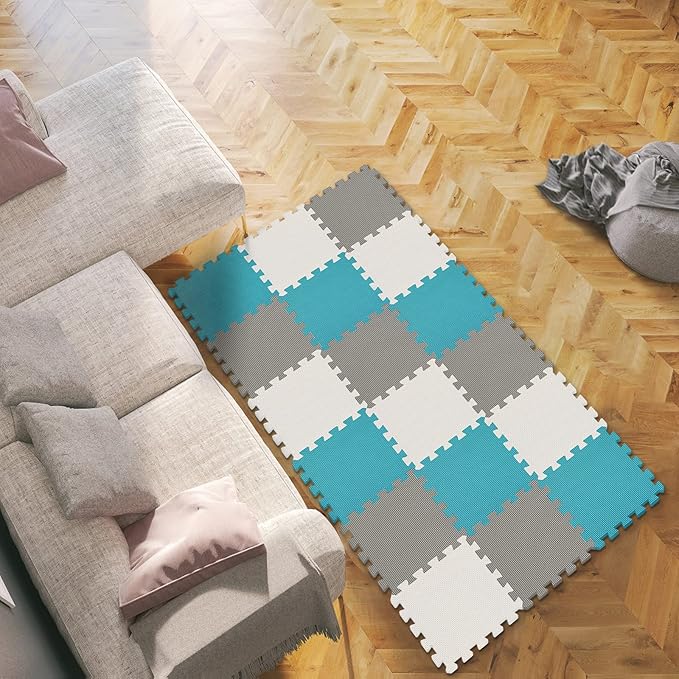 qqpp EVA Rubber 18 Tiles Interlocking Puzzle Foam Floor Mats - Baby Play Mat for Playing | Exercise Mat for Home Workout. White, Gray, Dark Green. QC-ALPb18N