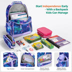 Choco Mocha Unicorn Backpack for Girls, Elementary School Backpack for Girls Ages 6-8 Kids Kindergarten Backpack Bookbag 17 Inch with Chest Strap, Planet Purple