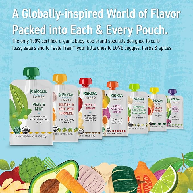 Kekoa Foods Peas & Mint Baby Food Purée | 100% USDA Certified-Organic Vegetarian Squeeze Pouch | Organic, Non-GMO, Gluten-Free, Vegan | Fiber & Protein Boosting First Food for Babies | 3.5 oz