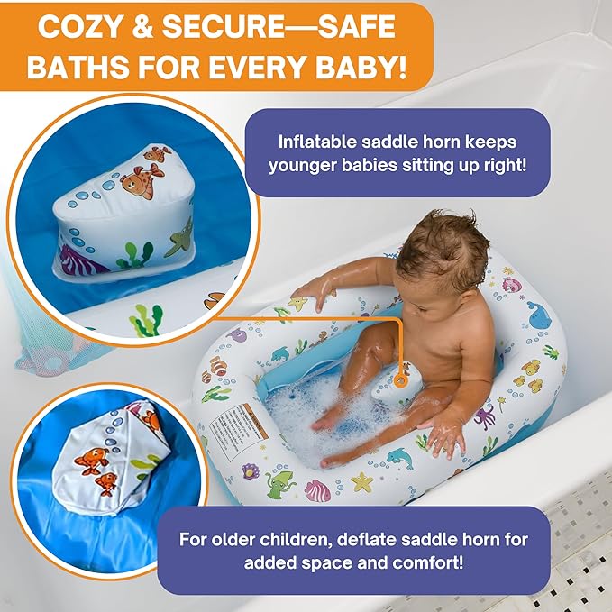 Mommy's Helper | Inflatable Under The Sea Baby Bathtub, Collapsible Safe Baby Bath Tub with Anti-Sliding Saddle Horn Seat, Must Have Travel Toddler Bath, Portable Bathtub Recommended Months 6 to 24