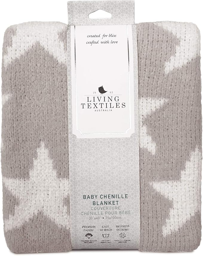 Living Textiles Grey Stars Chenille Soft Baby Blanket Reversible Premium Cozy Fabric for Best Comfort - for Infant,Toddler,Newborn,Nursery,Boy,Girl,Unisex,Throw,Crib,Stroller,Gift, Grey Stars 40x30