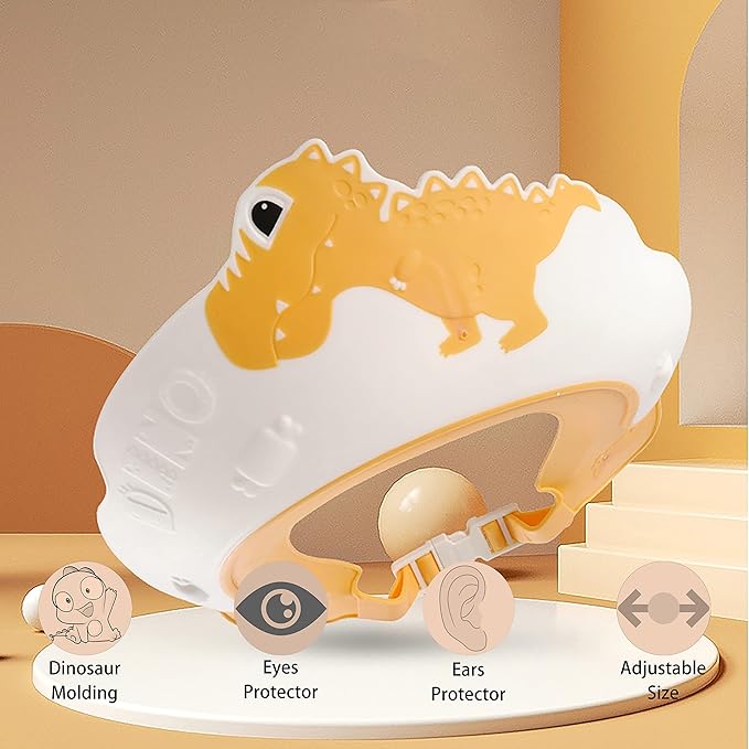 Baby Shower Cap Shield, Shower Cap for Kids, Visor Hat for Eye and Ear Protection for 0-9 Years Old Children,Cute Dinosaur/Crocodile/Hippo shape Makes the Baby Bath More Fun (Dinosaur, Yellow)
