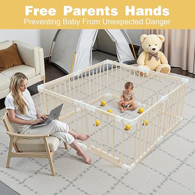Foldable Wooden Playpen for Babies and Toddlers, Baby Play Pen with Gate, Portable Baby Fence Indoor Activity Center, Adjustable Size & Shape, 51"x 51", 8 Panels