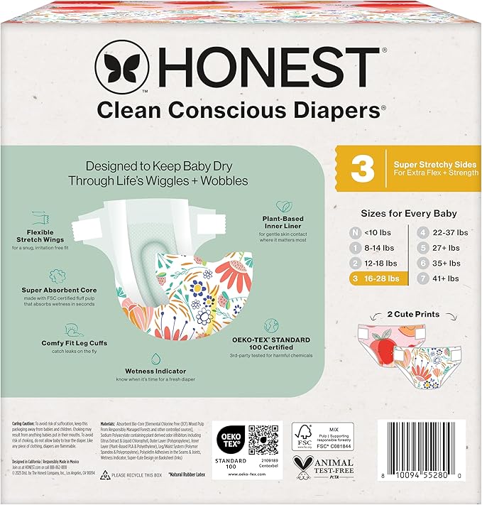 The Honest Company Clean Conscious Diapers for Delicate Skin | Up to 100% Leakproof | Hypoallergenic, Fragrance Free | Girl Prints | Club Box, Size 3 (16-28 lbs), 62 Count (Prints May Vary)