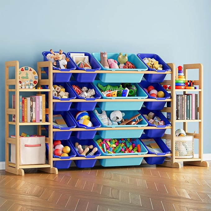 SpaceAid Toy Storage Organizer with 6 Shelves and 16 Bins, Toy Organizers Storage Bookshelf, Kids Bin Shelf Toys Box Bookcase for Bedroom Playroom Organization Room Decor, Blue and Navy Blue