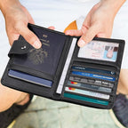 Polare Luxury RFID Blocking Leather Passport Holder Travel Wallet For Men and Women (Black with AirTag Slot(Snap Version))