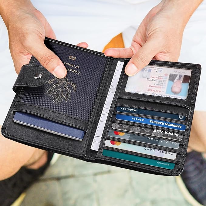 Polare Luxury RFID Blocking Leather Passport Holder Travel Wallet For Men and Women (Black with AirTag Slot(Snap Version))