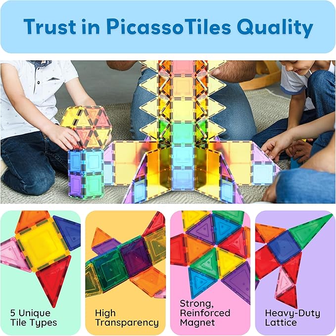 PicassoTiles 100 Piece Set 100pcs Magnet Building Tiles Clear Magnetic 3D Blocks Construction Playboards, Creativity Beyond Imagination, Inspirational, Recreational, Educational Conventional