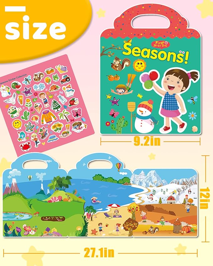 Benresive Reusable Sticker Book for Toddlers 2-4 Years, Fun Travel Stickers for Kids, Waterproof Sticker Books for Toddlers 1-3, Crafts Activities for Todddlers 1-3 2-4 3-5 - Season