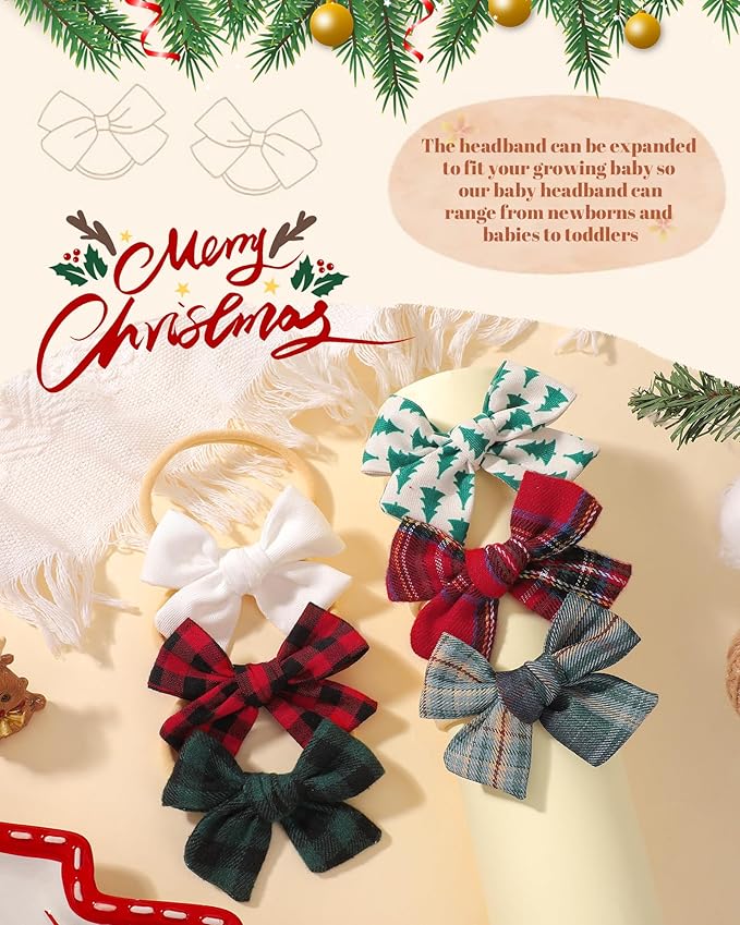 doboi 6PCS Christmas Baby Girls Headbands Hair Bows Nylon Cotton Linen Hairbands Fine Handmade Hair Accessories for Newborn Infant Toddlers Little Girls- Red Green Plaid