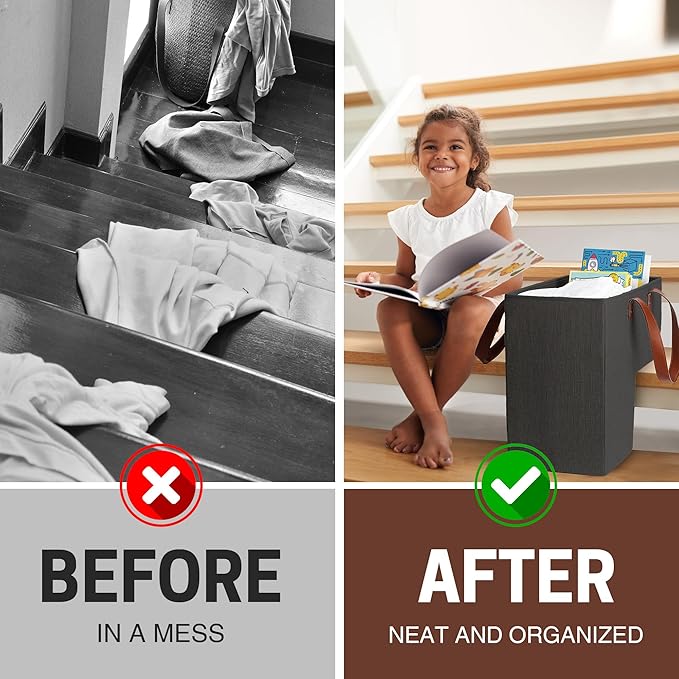 SAM AND MABEL Stair Baskets for Carpeted Stairs and Wooden Stairs – 16”L x 9.5”W x 16”H Staircase Basket with Handles, Foldable Stairway Storage Organizer for Home and Office Decor (Elegant Black)