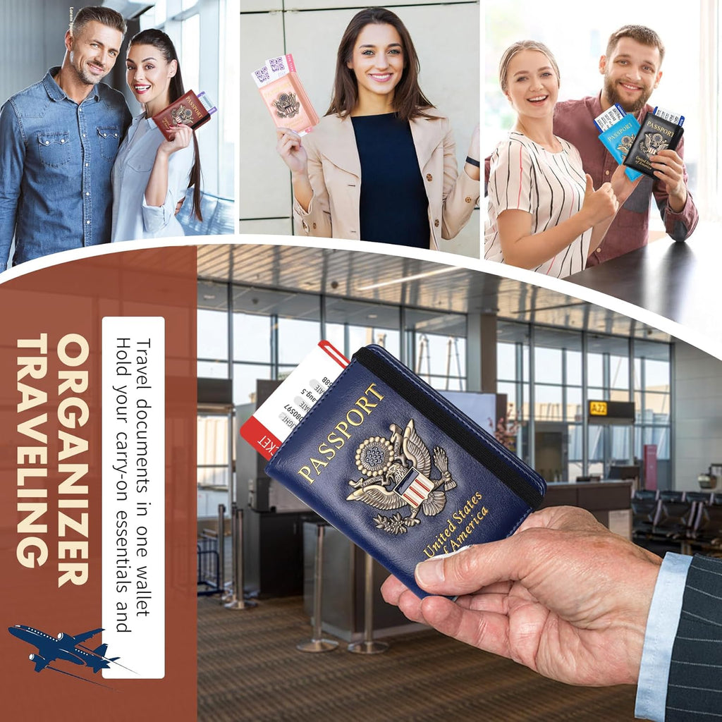 Passport Holder Cover Travel Wallet RFID Blocking Leather Family Passport Wallets Organization Personalized Wallet for Men or Women(blue)