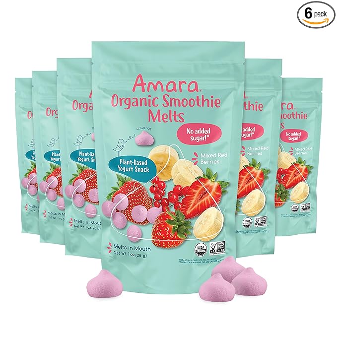 Amara Smoothie Melts - Mixed Red Berries - Baby Snacks Made With Fruits and Vegetables - Healthy Toddler Snacks For Your Kids Lunch Box - Organic Plant Based Yogurt Melts - 6 Resealable Bags