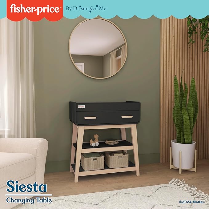 Fisher Price by Dream On Me Baby Changing Table, Matte Black Vintage Oak – Greenguard Gold & JPMA Certified, Wooden Nursery Dresser with Storage Shelves – Compact, Sturdy & Easy-to-Clean Design