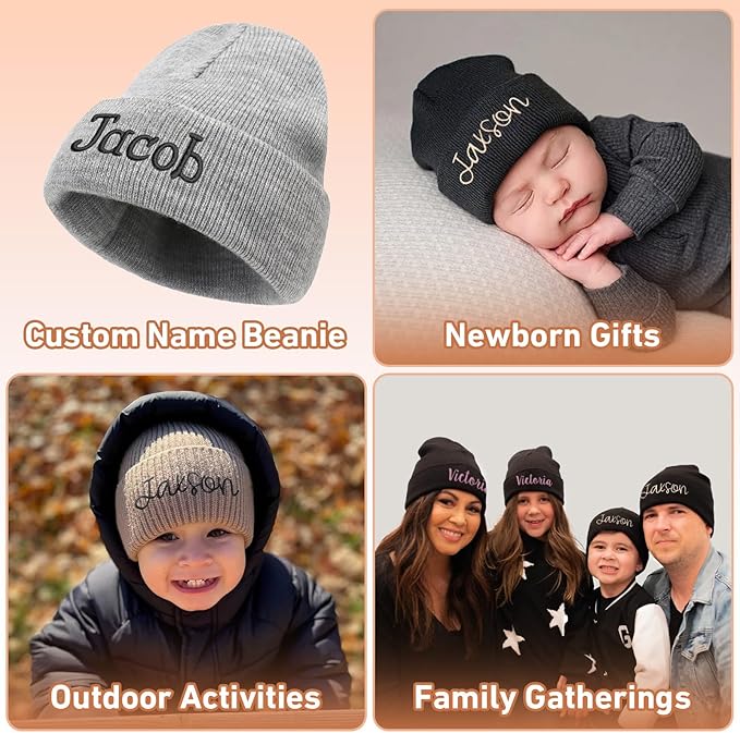Custom Beanie Hats for Baby Girls Boys - Personalized Embroidered Beanies with Name for Infants Toddlers Adults