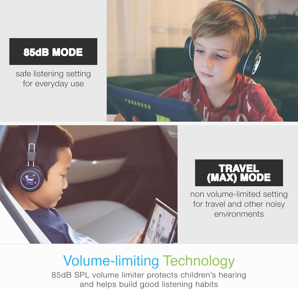 MEE audio KidJamz KJ55BT Personalized Bluetooth Wireless Safe Listening Headphones for Kids w/Custom LED-Backlit Design, Volume Limiter, Microphone; Kids Headset for School/iPhone/iPad/Tablet (Black)