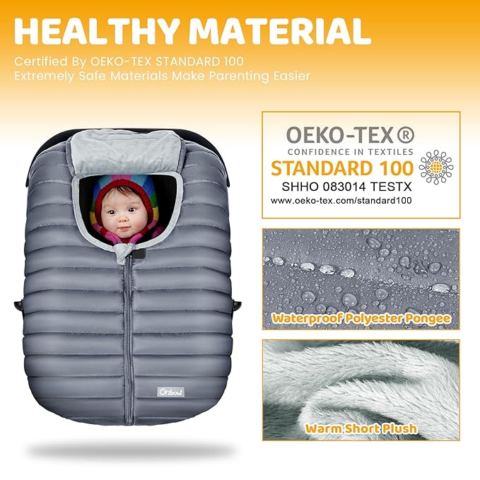 Orzbow Winter Car Seat Cover - Baby Car Seat Cocoon Cover for Boys & Girls, Warm Carseat Canopy Cover to Protect Baby from Wind, Rain & Snow, Waterproof, Universal Fit for Infant Car Seat, Grey