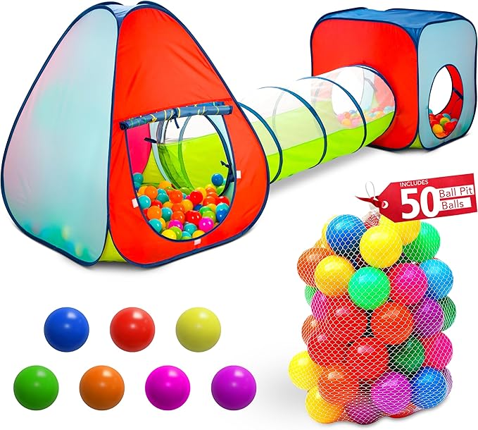 Kids Play Tent with 50 Balls – 3-Piece Tunnel & Ball Pit Combo – Indoor/Outdoor Pop-Up Set with Mesh Panels & Carry Bag