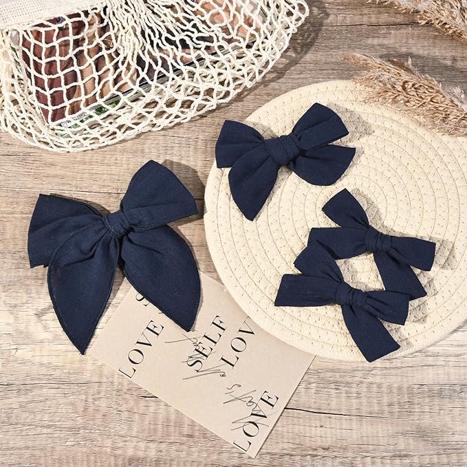 DEEKA 4 PCS Navy Blue Cotton Linen Hair Bows 3 Styles 5" & 4" Handmade Hair Bow set for Toddler Girls Alligator Hair Clips Knot Bows Hair Accessories for Little School Girls (Navy Blue)