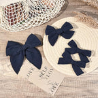 DEEKA 4 PCS Navy Blue Cotton Linen Hair Bows 3 Styles 5" & 4" Handmade Hair Bow set for Toddler Girls Alligator Hair Clips Knot Bows Hair Accessories for Little School Girls (Navy Blue)