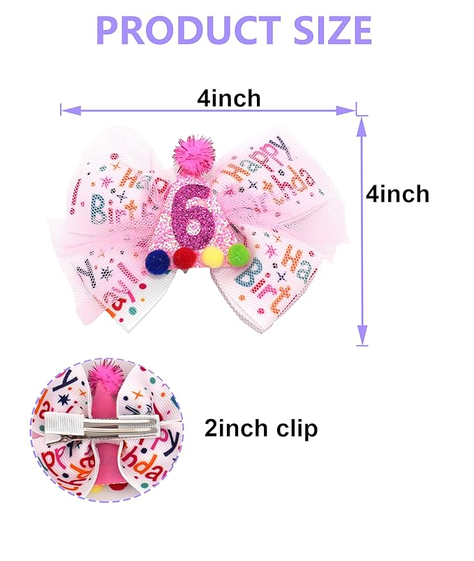Birthday Hair Bow for Baby Girls 1 2 3 4 5 6 Years Sprinkle Decorations Party Hair Accessories for Six 6th Birthday Glitter Confetti Ice Cream