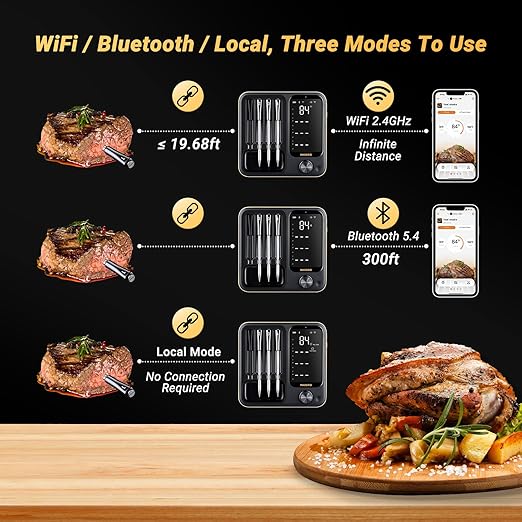 Wireless Meat Thermometer with 4 Probes, Inkbird Wifi BluetoothThermometer Digital Wireless for Rotisserie Grill Oven,Unlimited Range Dishwasher Waterproof Bluetooth Meat Thermometer for iOS & Android
