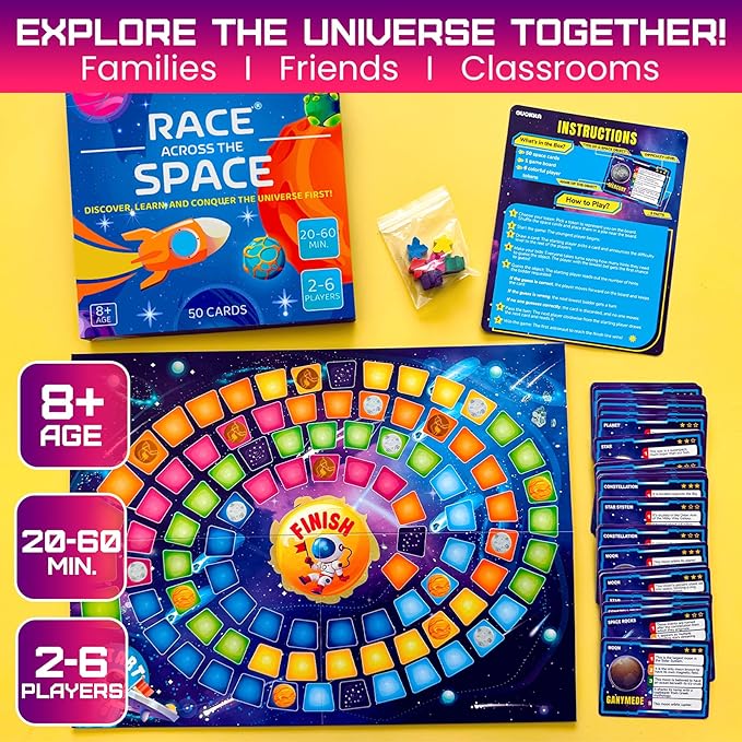 QUOKKA Space Board Game for Kids Ages 8-12 and Families – Fun Space Trivia Game with 50 Cards, Colorful Tokens & Game Board – Learn Planets, Moons Facts – Educational Family Games