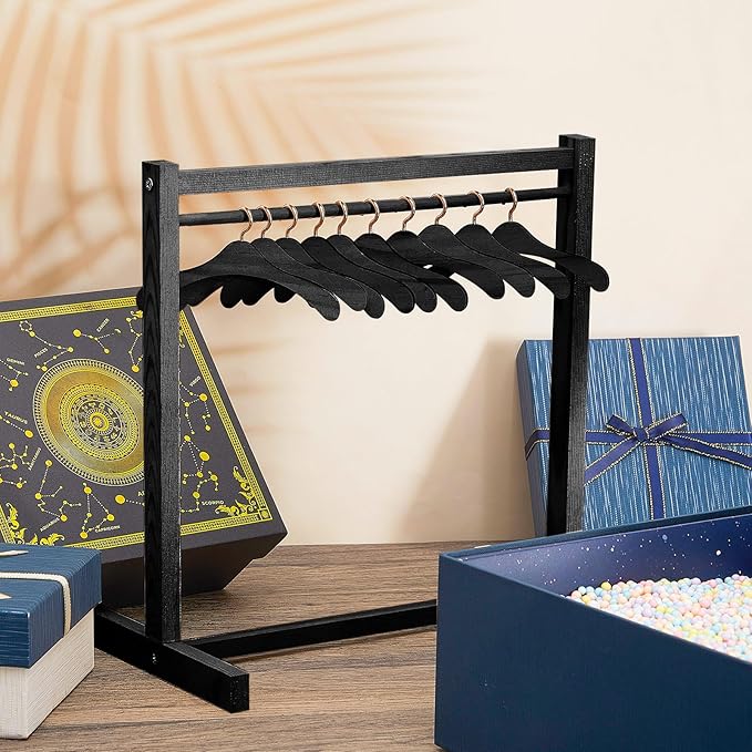 Civaner 11 Pcs Doll Garment Rack with Wooden Clothes Hanger for 18 Inch Girl Doll Clothes Mini Hangers Wardrobe Furniture Accessories for Dollhouse Baby Shower Supplies (Black)