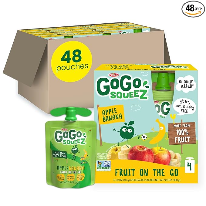 GoGo squeeZ Applesauce and Fruit Puree, Apple Banana, 3.2 oz (Pack of 48), Unsweetened Fruit Snacks for Kids, Gluten Free, Nut Free and Dairy Free, BPA Free Pouches (Packaging May Vary)