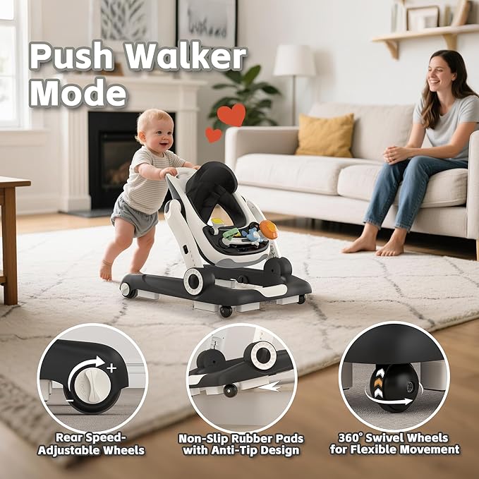Baby Walker,4-Gear Height Adjustable Baby Walker with Wheels,5 in 1 Baby Activity Center,Music and Lights Bouncer Walker for Baby Boy 6-18 Months,Adjustable Speed Baby Push Walker