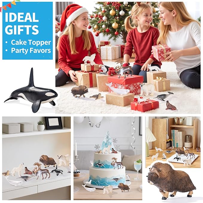 12PCS 4-7" Large Arctic Polar Animal Toys Figurines, Realistic Plastic Artic Animal Figures, Includes Polar Bear,Whales,Orca, Birthday Gift Party Favors Cake Toppers for Kids