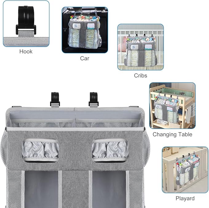 Accmor Changing Table Diaper Organizer, Hanging Diaper Caddy Organizer Stacker for Cribs Changing Table Playard Wall Baby Essentials Storage, Grey