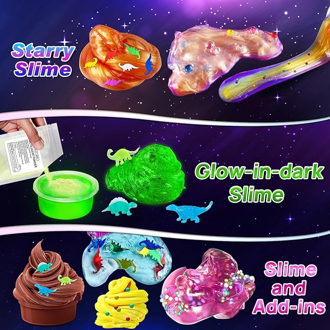 Dinosaur Slime Kit for Girls, Glimmer Crunchy, Galaxy Slime Making Kit for Kids 6-12, Glow in The Dark DIY Slime Kit with Add-ins, Foam Balls, Charms, Glitters, Dinosaur Gift Toys