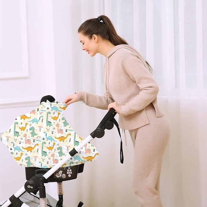 Multi-use Carseat Covers Breastfeeding Cover - Car Seat Covers for Babies, Stretchy Carseat Canopy Cover, Boys and Girls Shower Gifts (Colours Dinosaur)