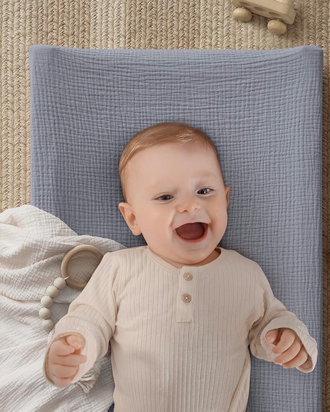 Blissful Diary Muslin Changing Pad Cover for Girls Boys, Ultra Soft Breathable Cotton, Baby Diaper Change Table Pad Covers, 2Pack (Light Blue&Grey)