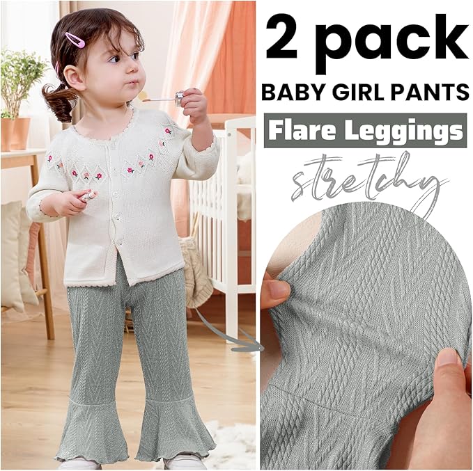 2 Pack Toddler Baby Girl Pants Flare Leggings Ribbed Knit Newborn Bell Bottoms Solid Ruffle Infant Pants for Girls